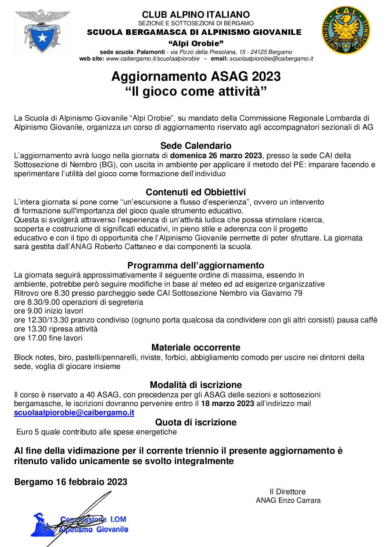 Bando aggiornamento ASAG scuola Alpi Orobie Bergamo Il gioco come attivita 26032023